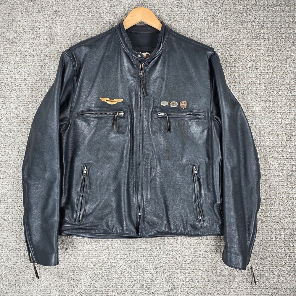 Harley Davidson Mens Black Leather Cafe Racer Motorcycle Jacket Sz Large w/ pins
